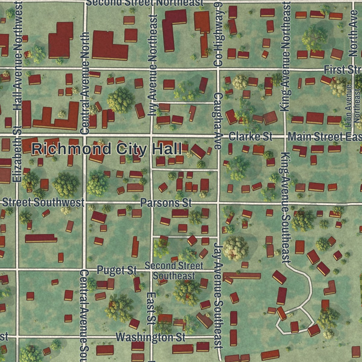 Close-up of the map of Richmond, Minnesota print showing street and building detail