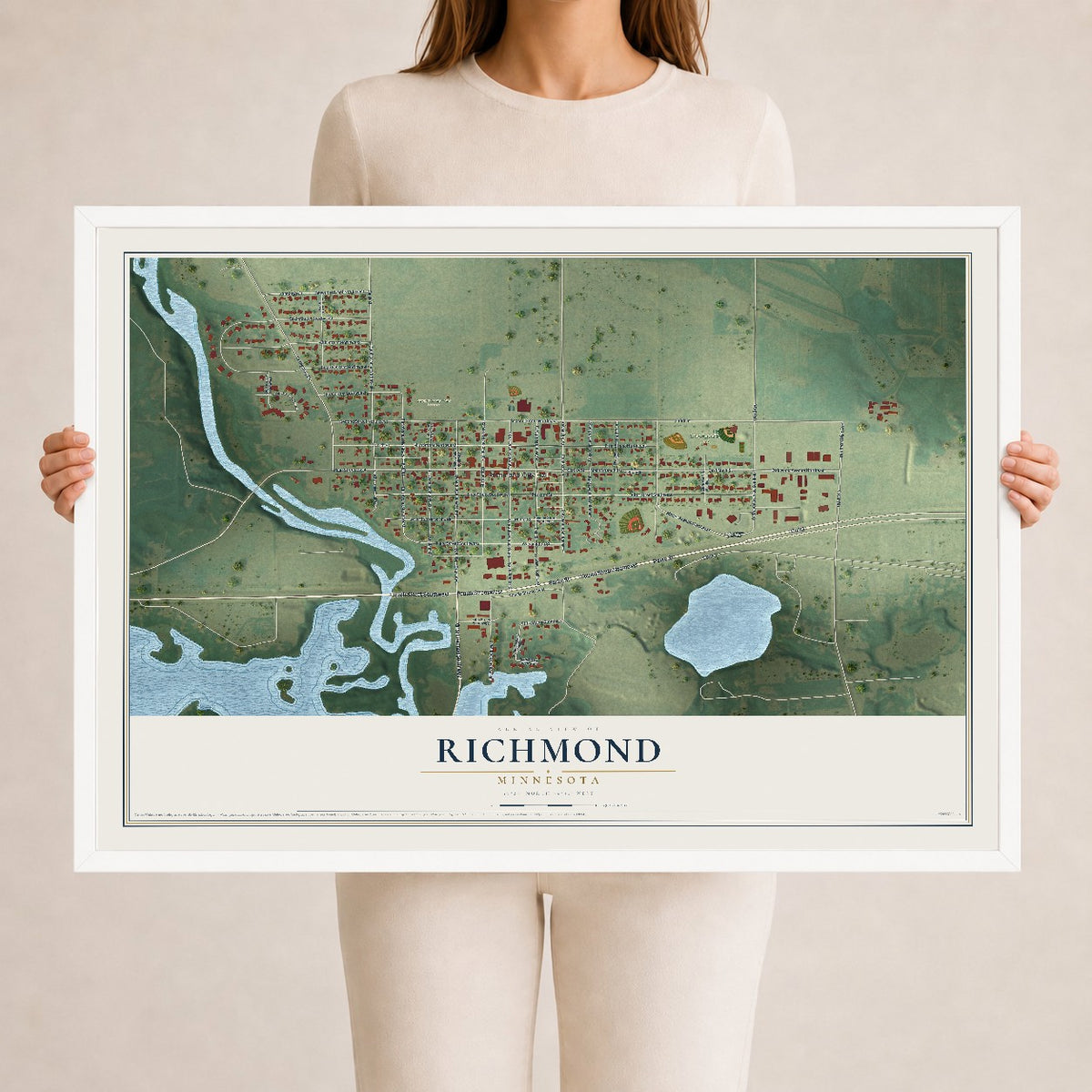 Map of Richmond, Minnesota, 24 x 36 inch print in a white wood frame