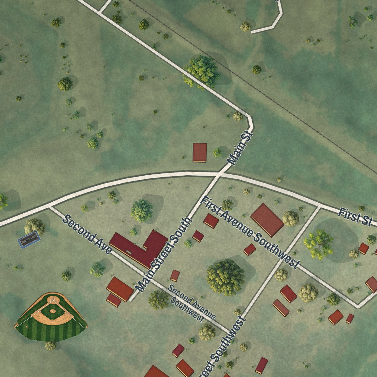 Close-up of the map of Richville, Minnesota print showing street and building detail