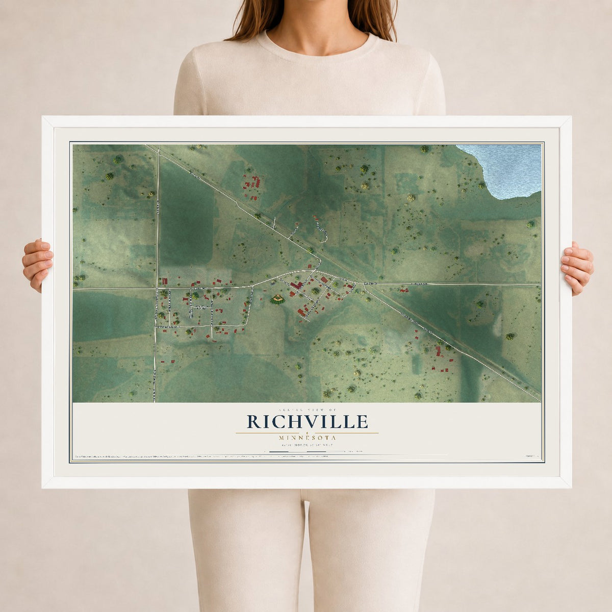 Map of Richville, Minnesota, 24 x 36 inch print in a white wood frame