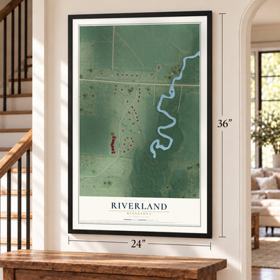 Riverland, Minnesota map, 24 x 36 inch print in a black frame by a staircase
