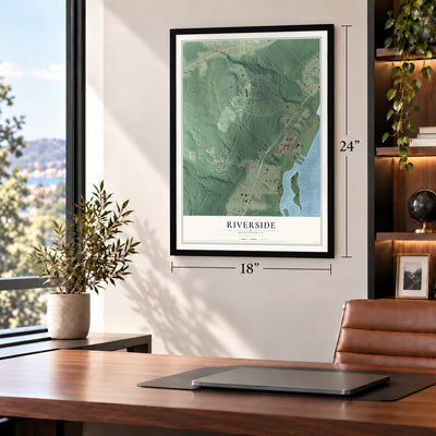 Riverside, Minnesota map, 18 x 24 inch print in a black frame in a home office