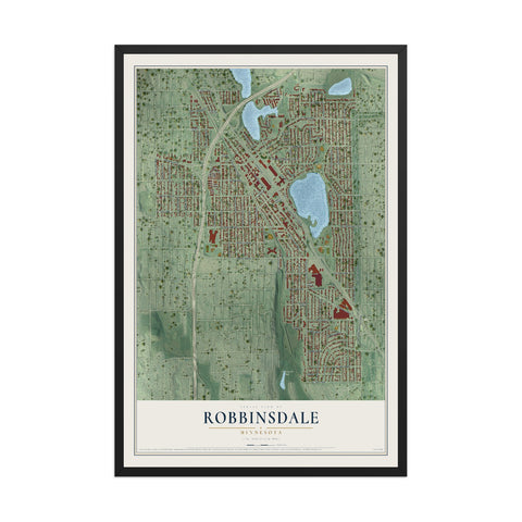 Map of Robbinsdale, Minnesota, 12 x 18 inch print in a black wood frame