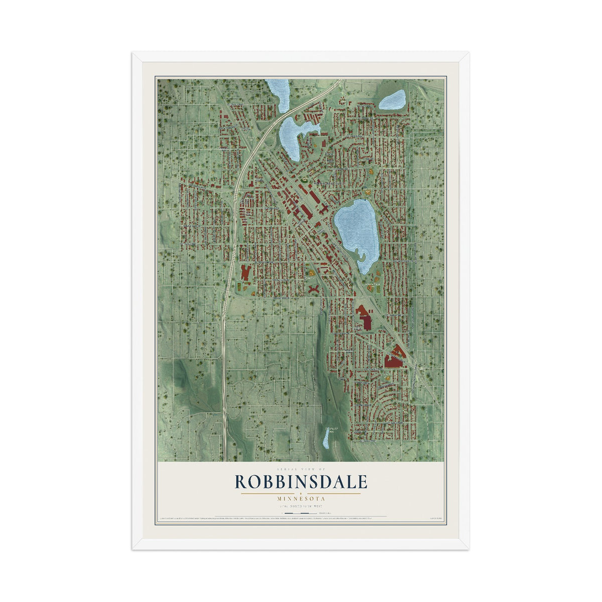 Map of Robbinsdale, Minnesota, 12 x 18 inch print in a white wood frame