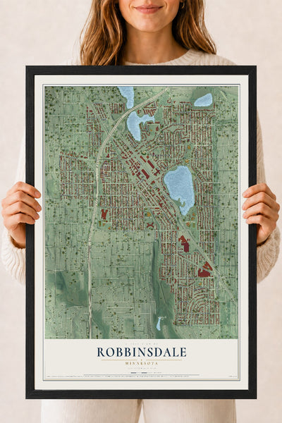 Map of Robbinsdale, Minnesota, 18 x 24 inch print in a black wood frame