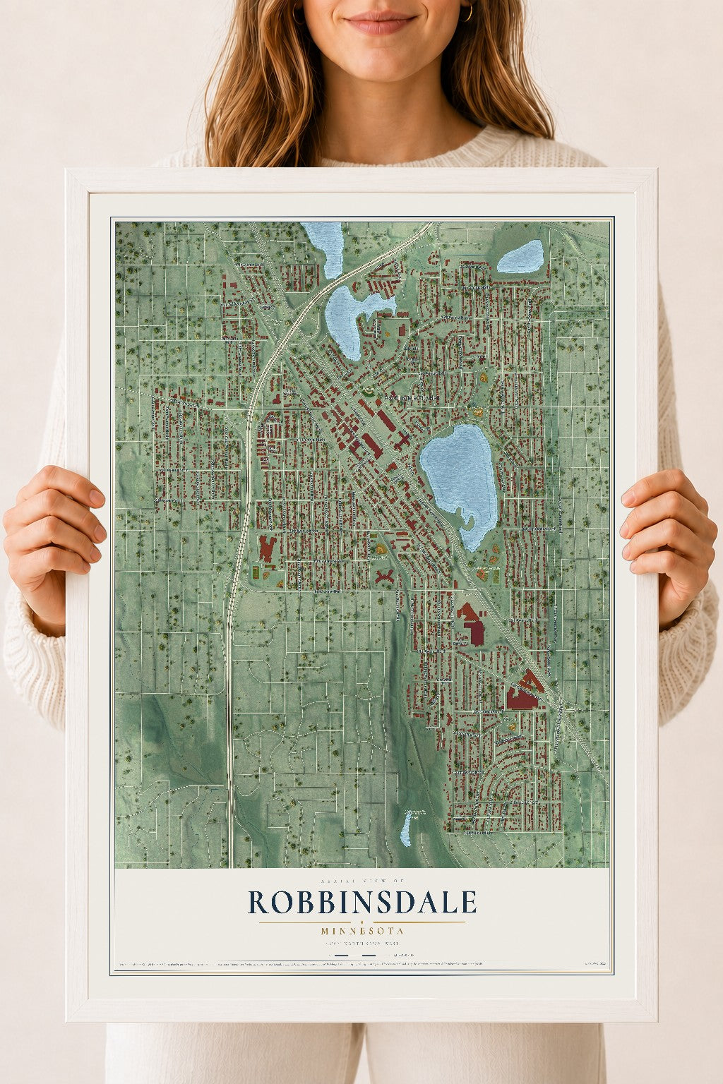 Map of Robbinsdale, Minnesota, 18 x 24 inch print in a white wood frame