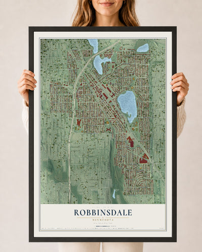 Map of Robbinsdale, Minnesota, 24 x 36 inch print in a black wood frame