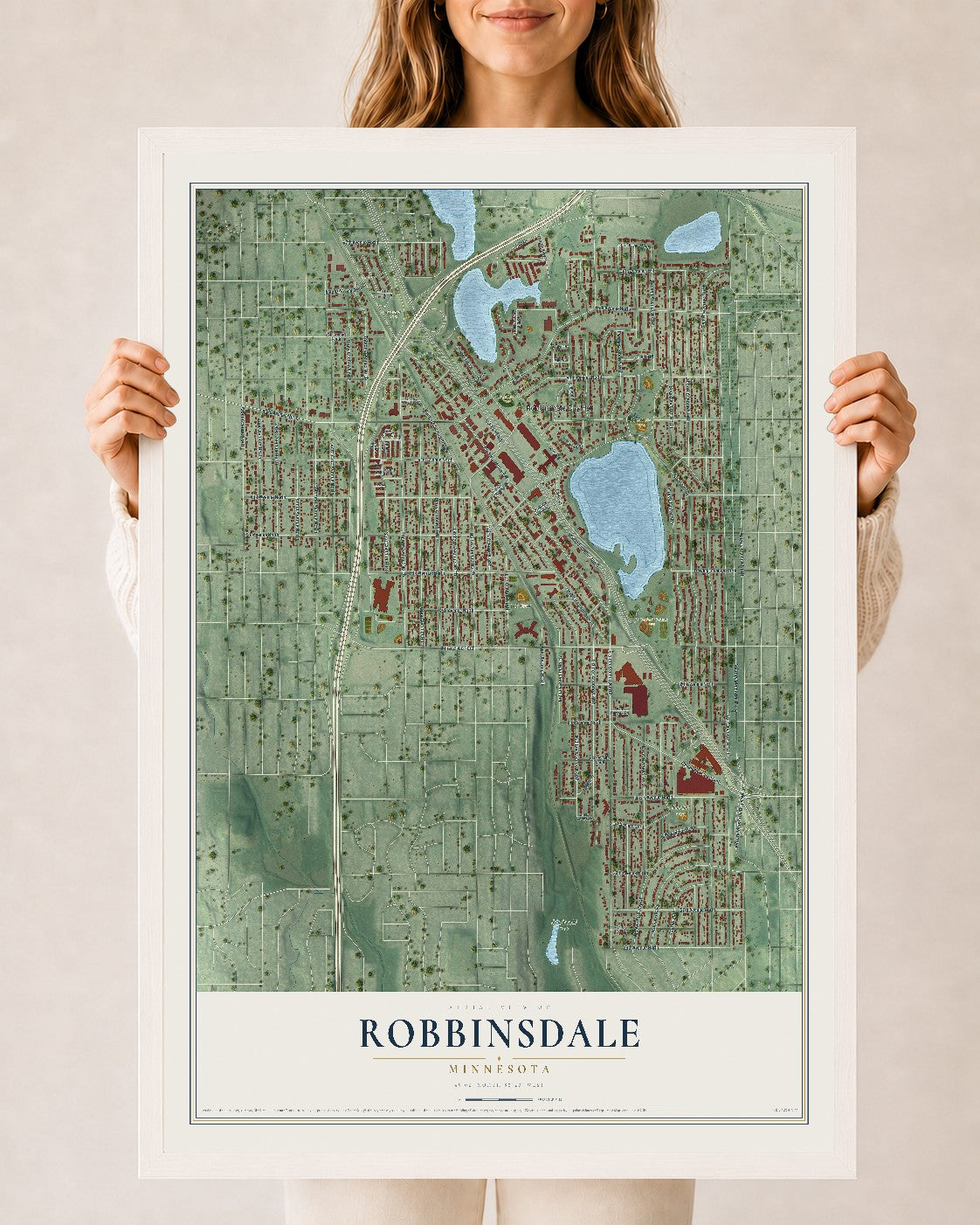 Map of Robbinsdale, Minnesota, 24 x 36 inch print in a white wood frame