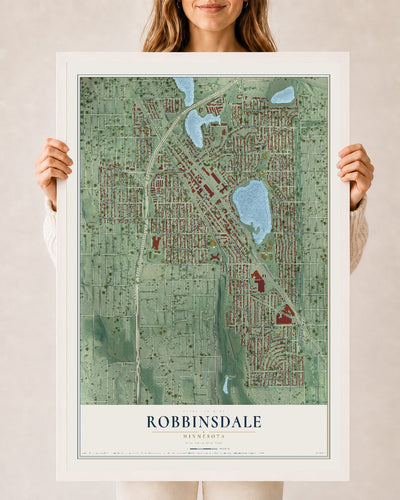 Map of Robbinsdale, Minnesota, 24 x 36 inch print in a white wood frame