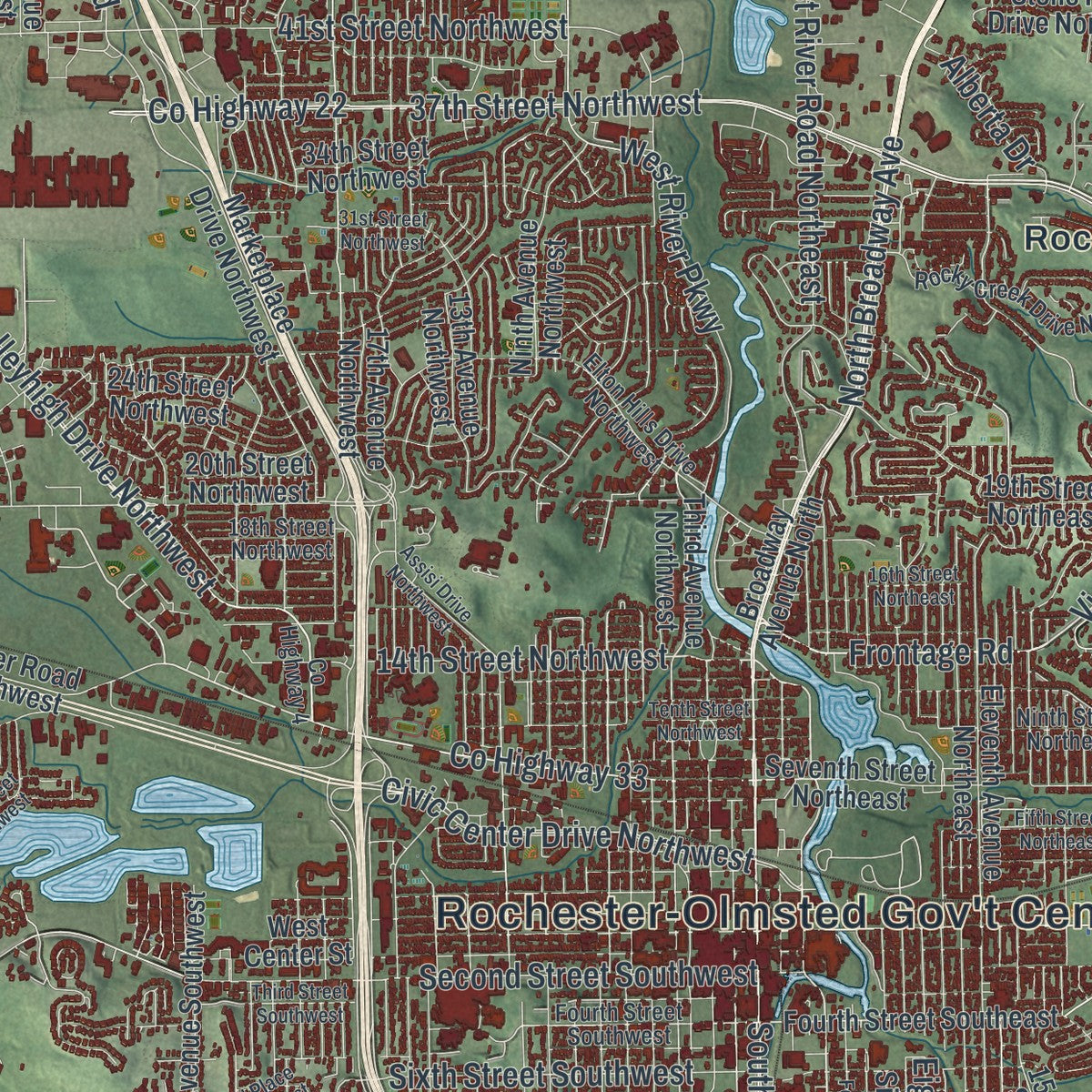 Close-up of the map of Rochester, Minnesota print showing street and building detail