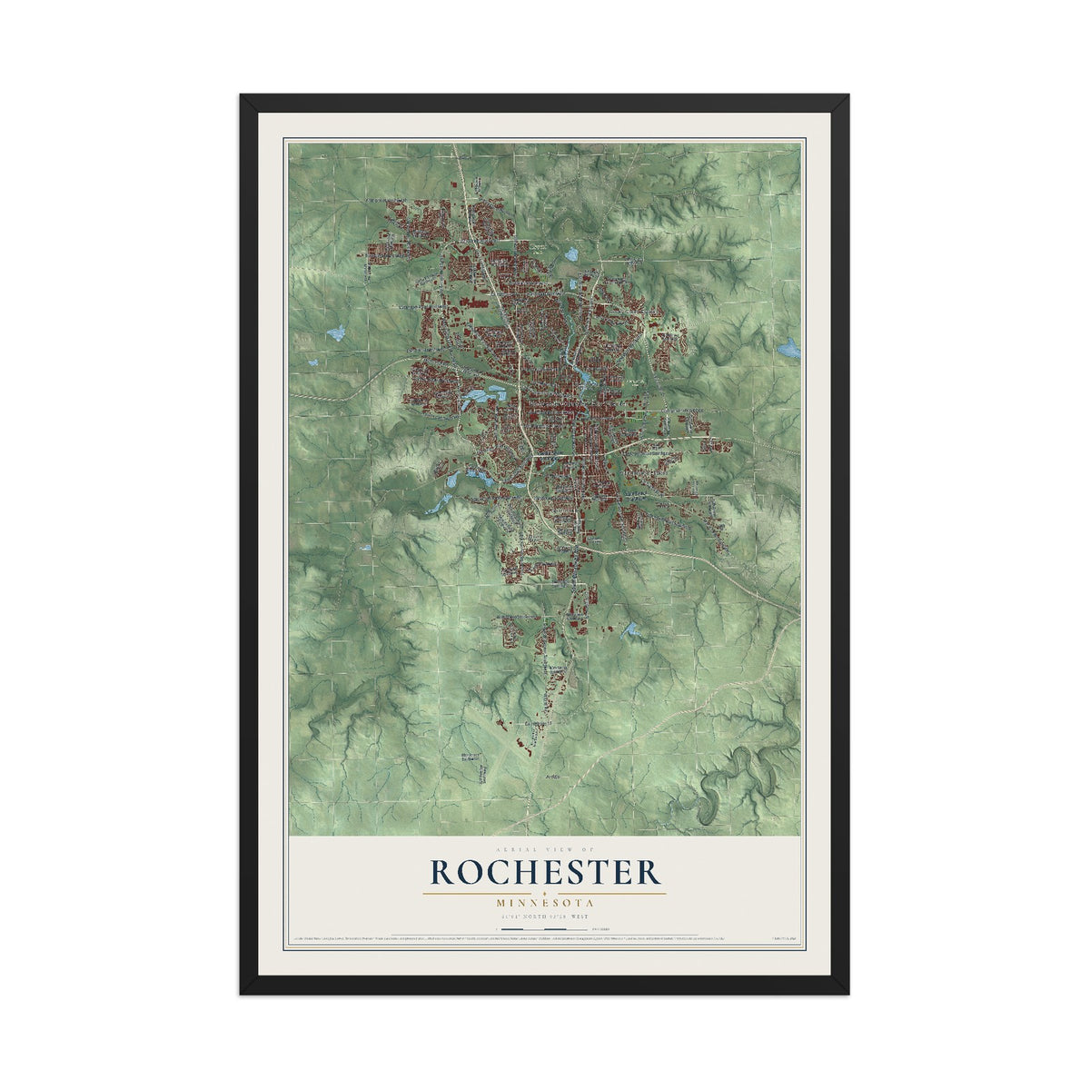 Map of Rochester, Minnesota, 12 x 18 inch print in a black wood frame