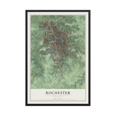 Map of Rochester, Minnesota, 12 x 18 inch print in a black wood frame