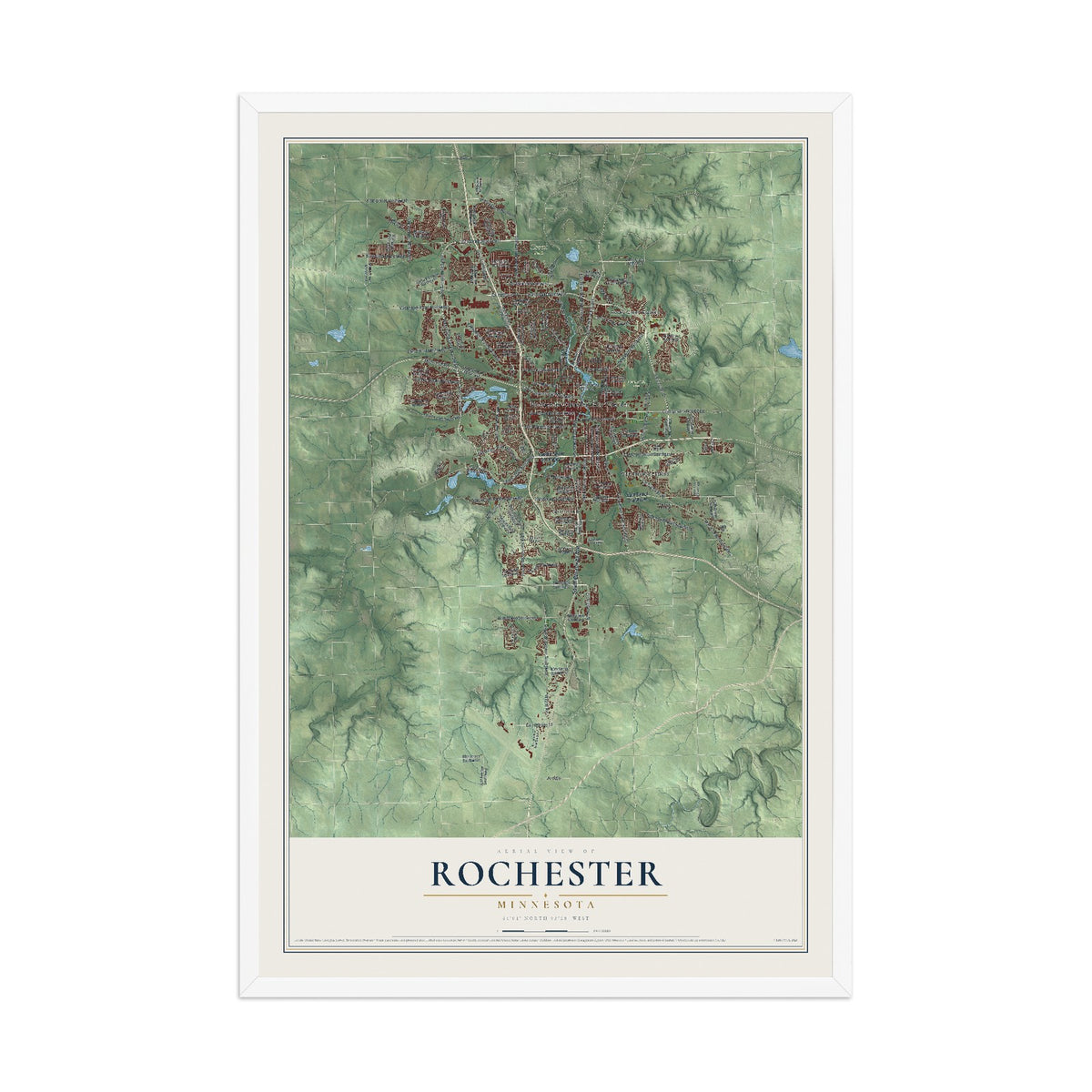 Map of Rochester, Minnesota, 12 x 18 inch print in a white wood frame