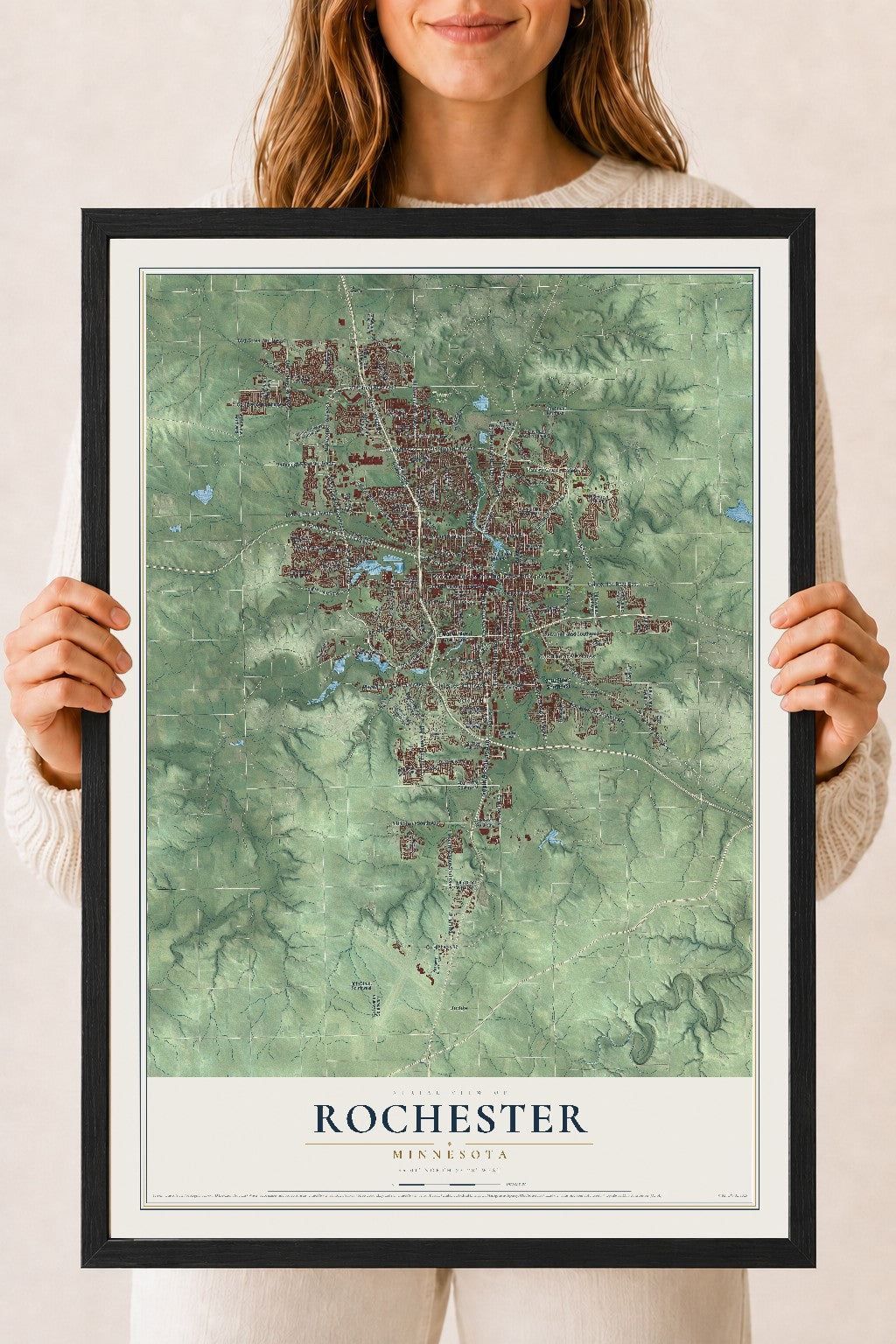 Map of Rochester, Minnesota, 18 x 24 inch print in a black wood frame