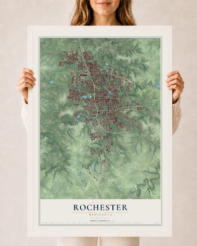 Map of Rochester, Minnesota, 24 x 36 inch print in a white wood frame
