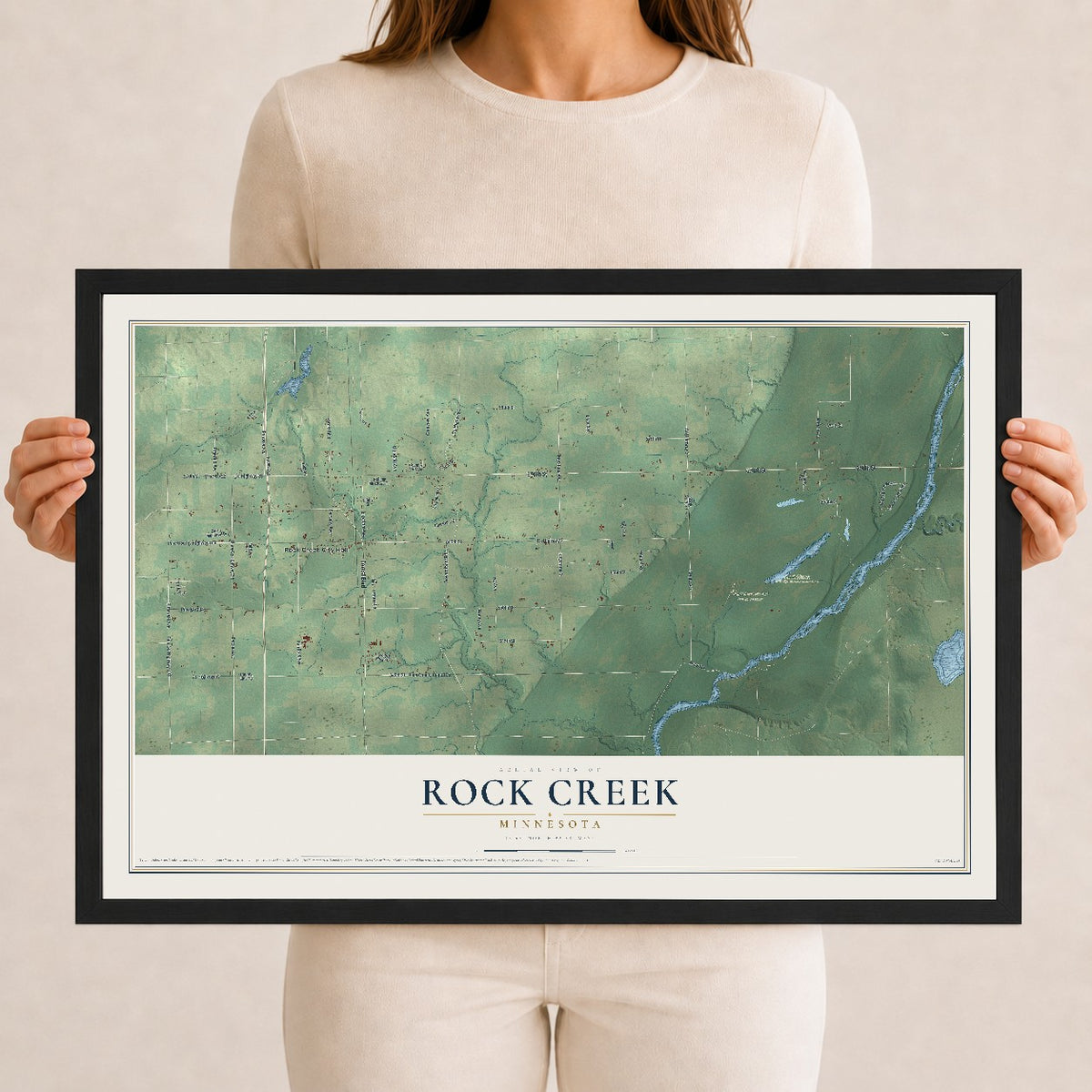 Map of Rock Creek, Minnesota, 12 x 18 inch print in a black wood frame
