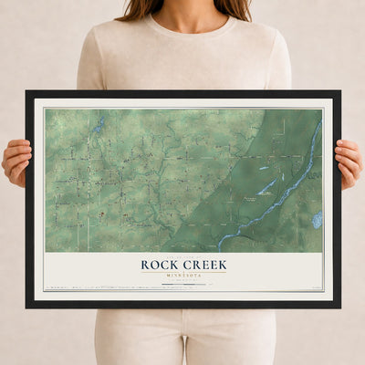 Map of Rock Creek, Minnesota, 12 x 18 inch print in a black wood frame