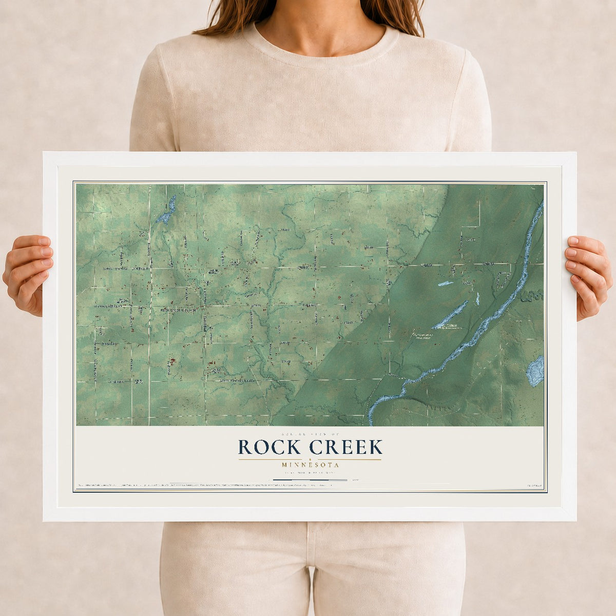 Map of Rock Creek, Minnesota, 12 x 18 inch print in a white wood frame