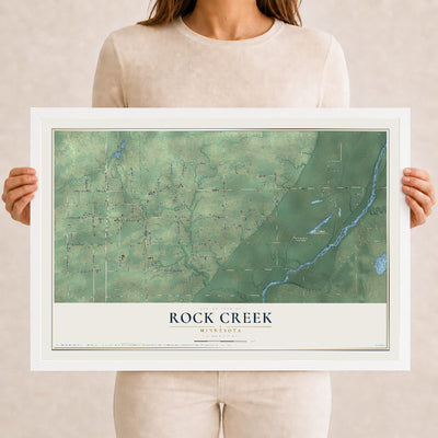 Map of Rock Creek, Minnesota, 12 x 18 inch print in a white wood frame
