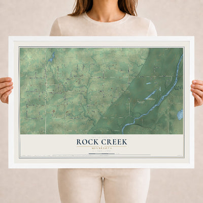 Map of Rock Creek, Minnesota, 18 x 24 inch print in a white wood frame