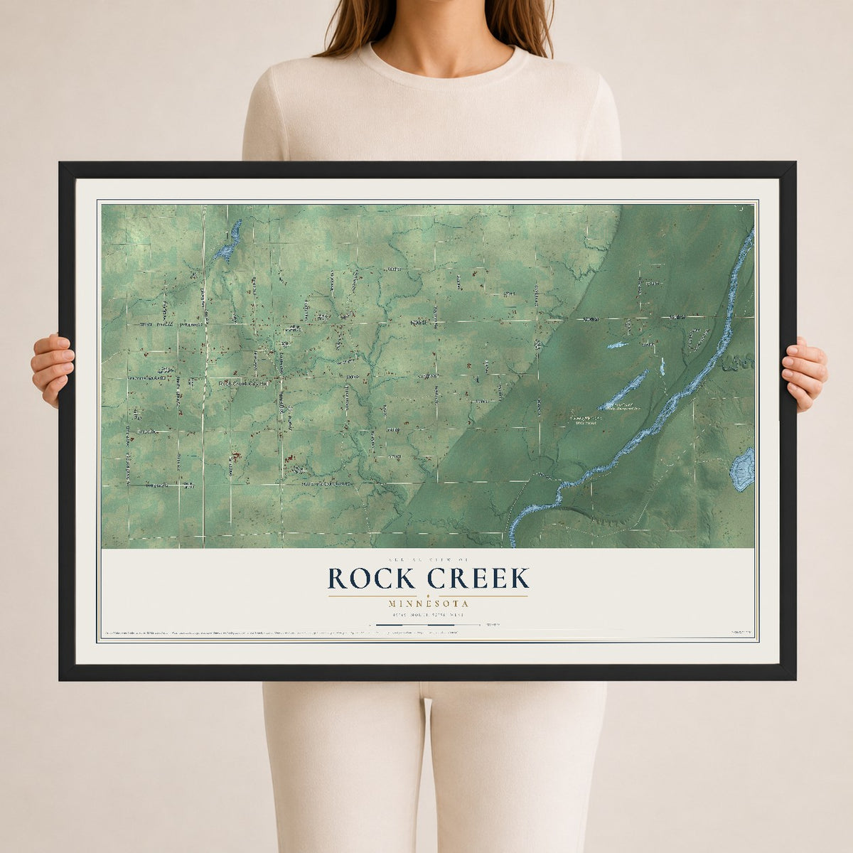 Map of Rock Creek, Minnesota, 24 x 36 inch print in a black wood frame