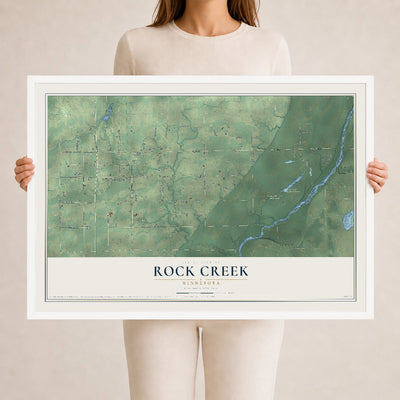 Map of Rock Creek, Minnesota, 24 x 36 inch print in a white wood frame