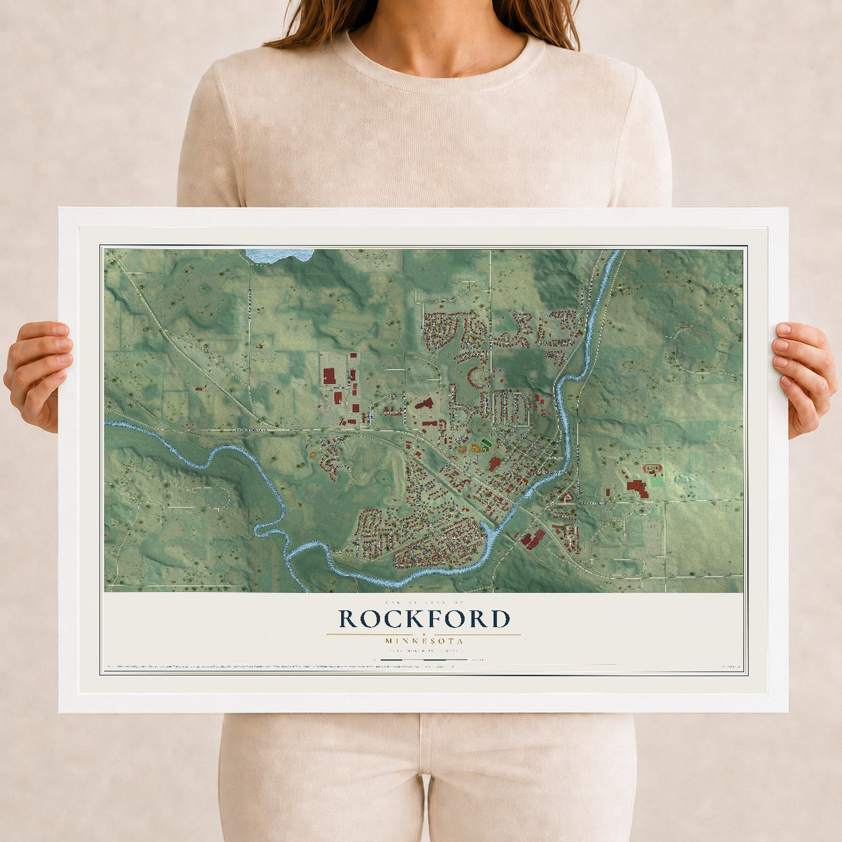 Map of Rockford, Minnesota, 12 x 18 inch print in a white wood frame