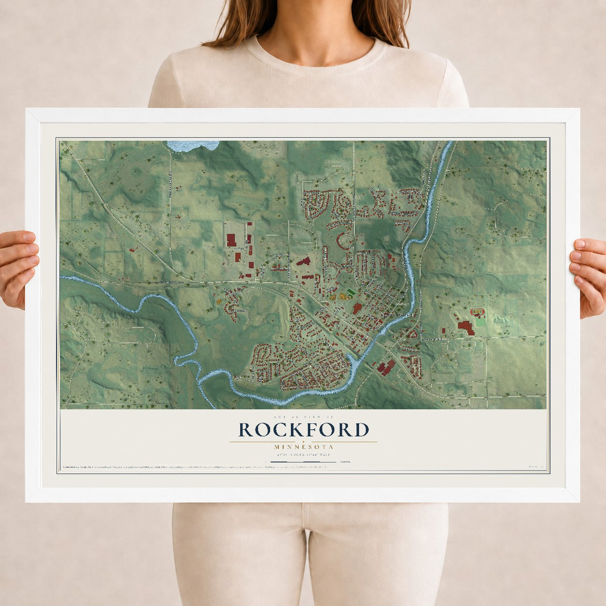 Map of Rockford, Minnesota, 18 x 24 inch print in a white wood frame