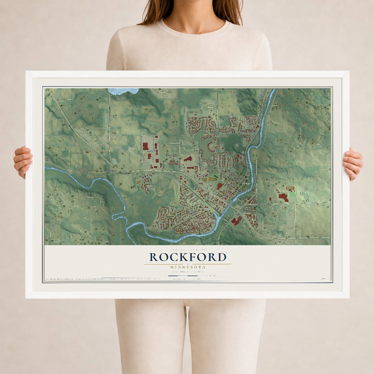 Map of Rockford, Minnesota, 24 x 36 inch print in a white wood frame