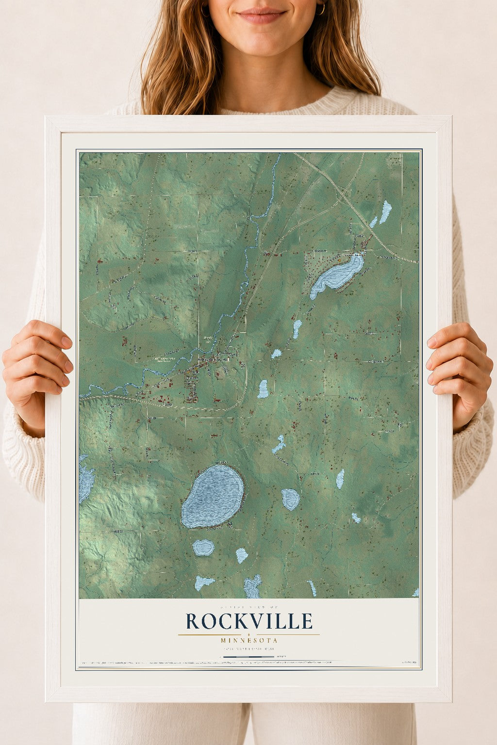 Map of Rockville, Minnesota, 18 x 24 inch print in a white wood frame