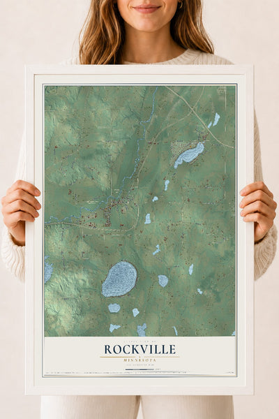Map of Rockville, Minnesota, 18 x 24 inch print in a white wood frame