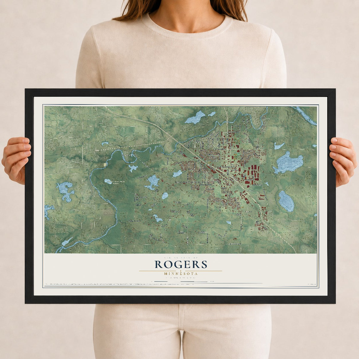 Map of Rogers, Minnesota, 12 x 18 inch print in a black wood frame