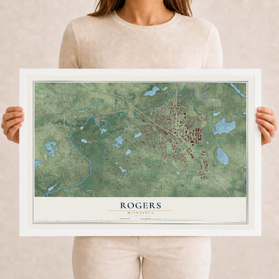 Map of Rogers, Minnesota, 12 x 18 inch print in a white wood frame