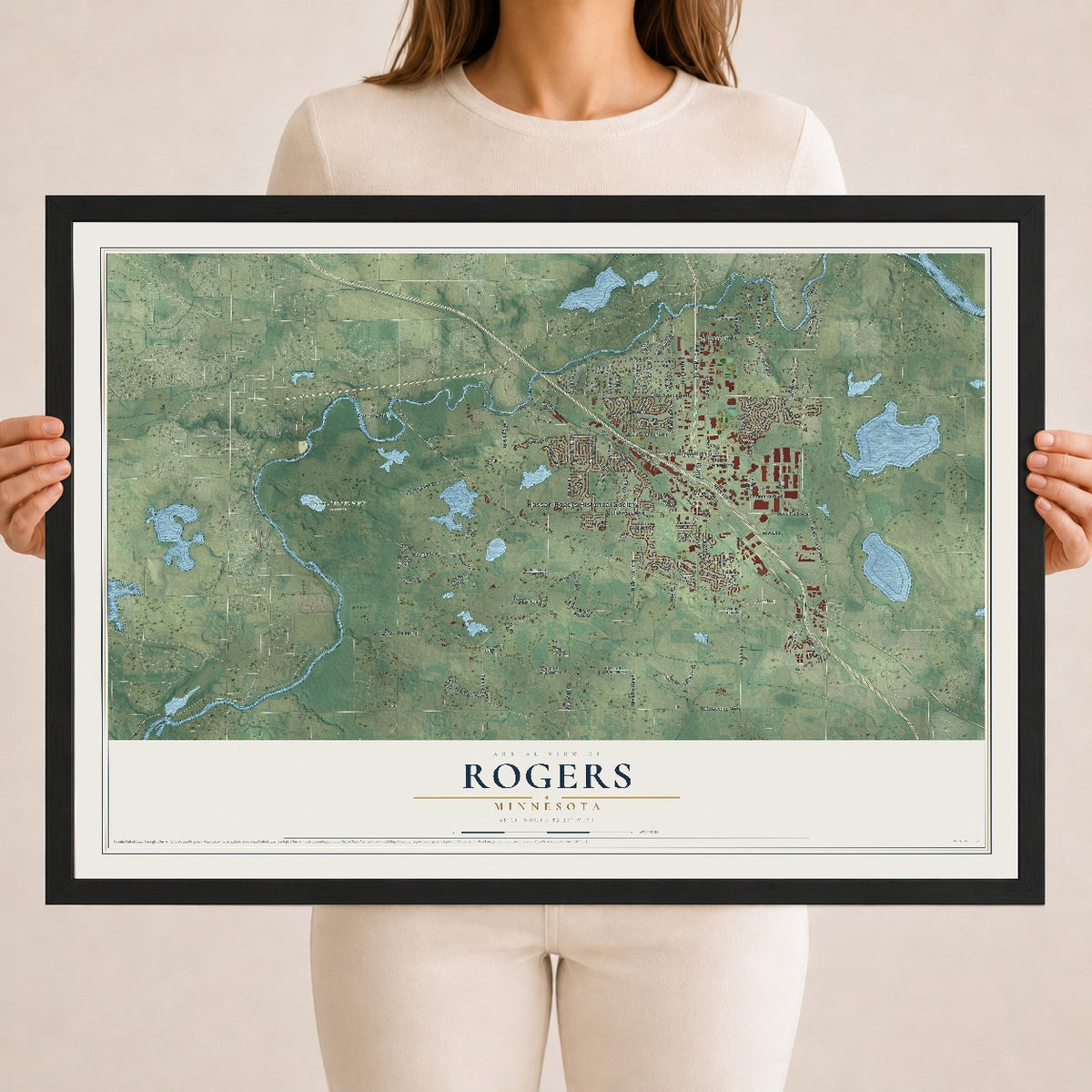 Map of Rogers, Minnesota, 18 x 24 inch print in a black wood frame