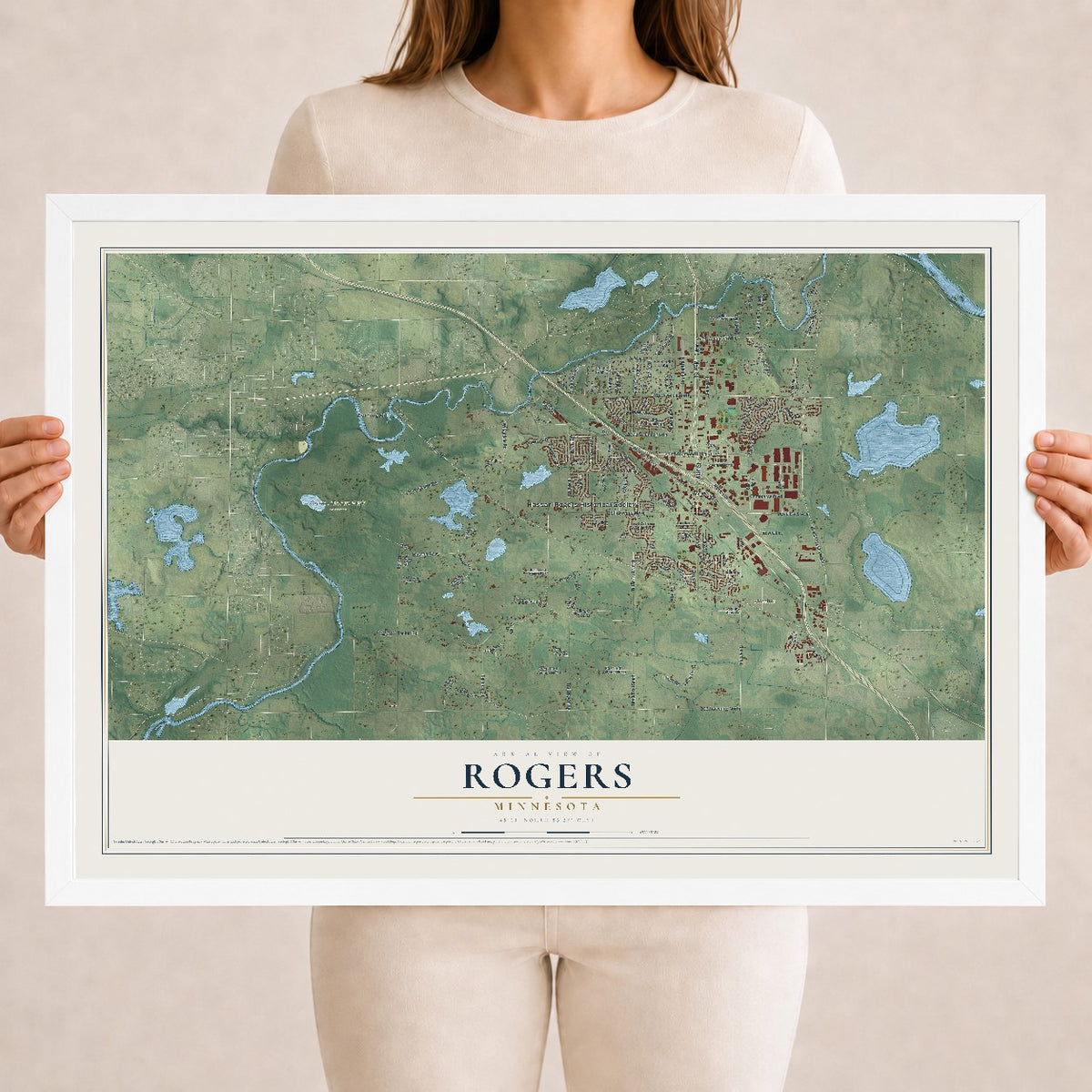 Map of Rogers, Minnesota, 18 x 24 inch print in a white wood frame
