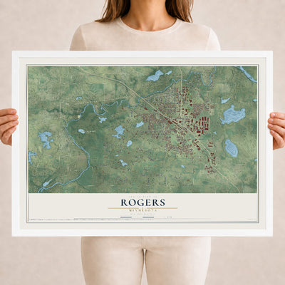 Map of Rogers, Minnesota, 18 x 24 inch print in a white wood frame
