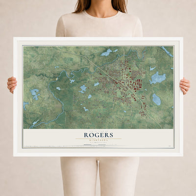 Map of Rogers, Minnesota, 24 x 36 inch print in a white wood frame