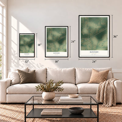 Ronneby, Minnesota map in 12 x 18, 18 x 24 and 24 x 36 inch sizes above a sofa