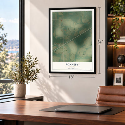 Ronneby, Minnesota map, 18 x 24 inch print in a black frame in a home office