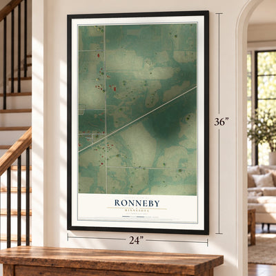 Ronneby, Minnesota map, 24 x 36 inch print in a black frame by a staircase