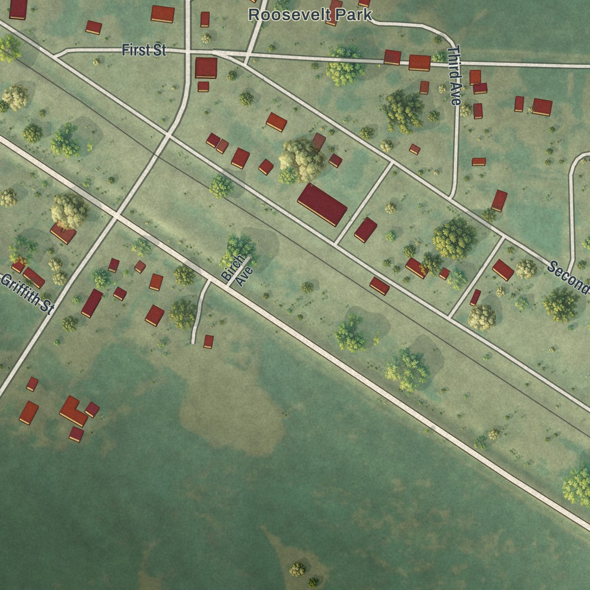 Close-up of the map of Roosevelt, Minnesota print showing street and building detail