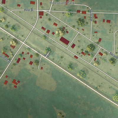 Close-up of the map of Roosevelt, Minnesota print showing street and building detail