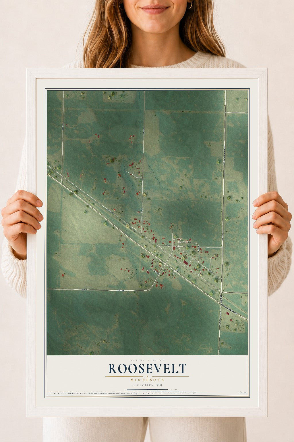 Map of Roosevelt, Minnesota, 18 x 24 inch print in a white wood frame