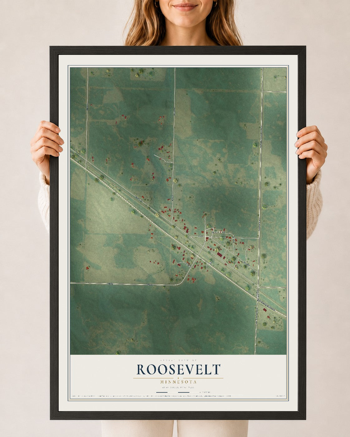 Map of Roosevelt, Minnesota, 24 x 36 inch print in a black wood frame