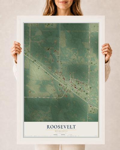 Map of Roosevelt, Minnesota, 24 x 36 inch print in a white wood frame