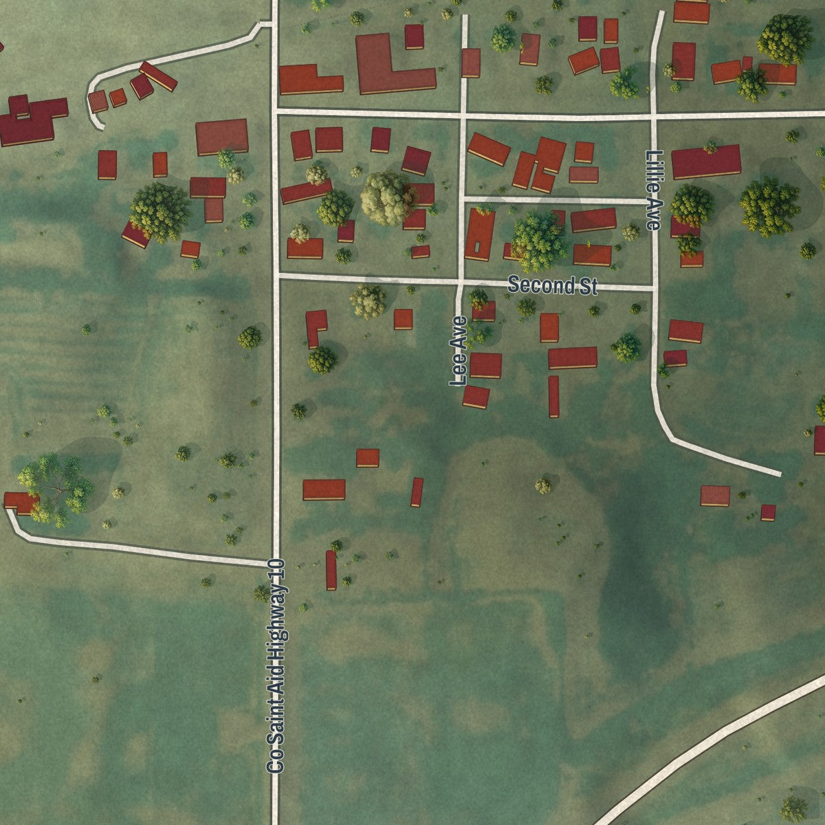 Close-up of the map of Roscoe, Minnesota print showing street and building detail