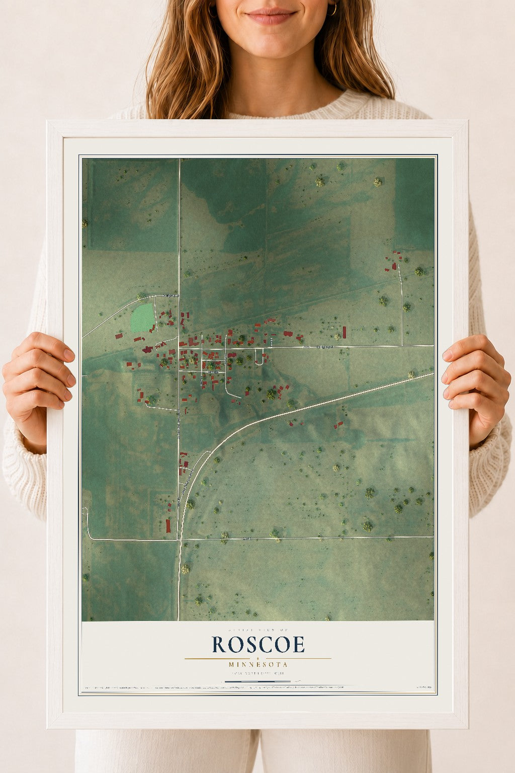 Map of Roscoe, Minnesota, 18 x 24 inch print in a white wood frame