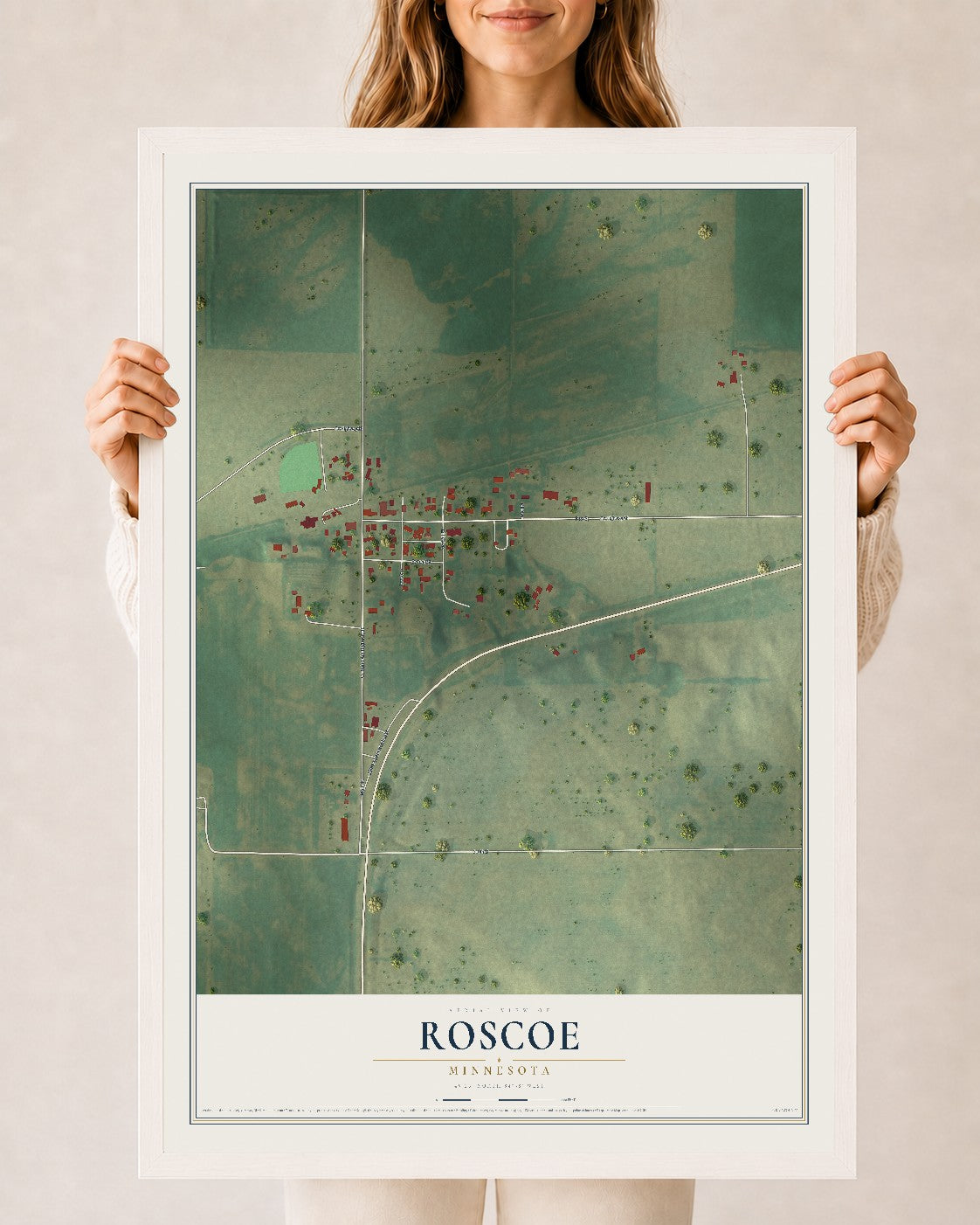 Map of Roscoe, Minnesota, 24 x 36 inch print in a white wood frame