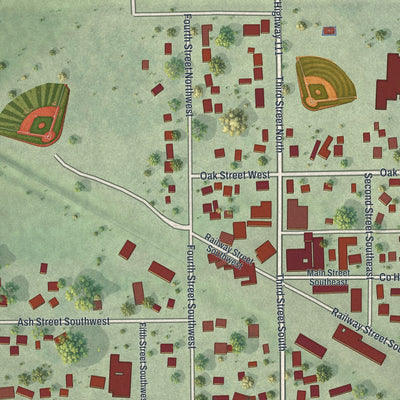 Close-up of the map of Rose Creek, Minnesota print showing street and building detail