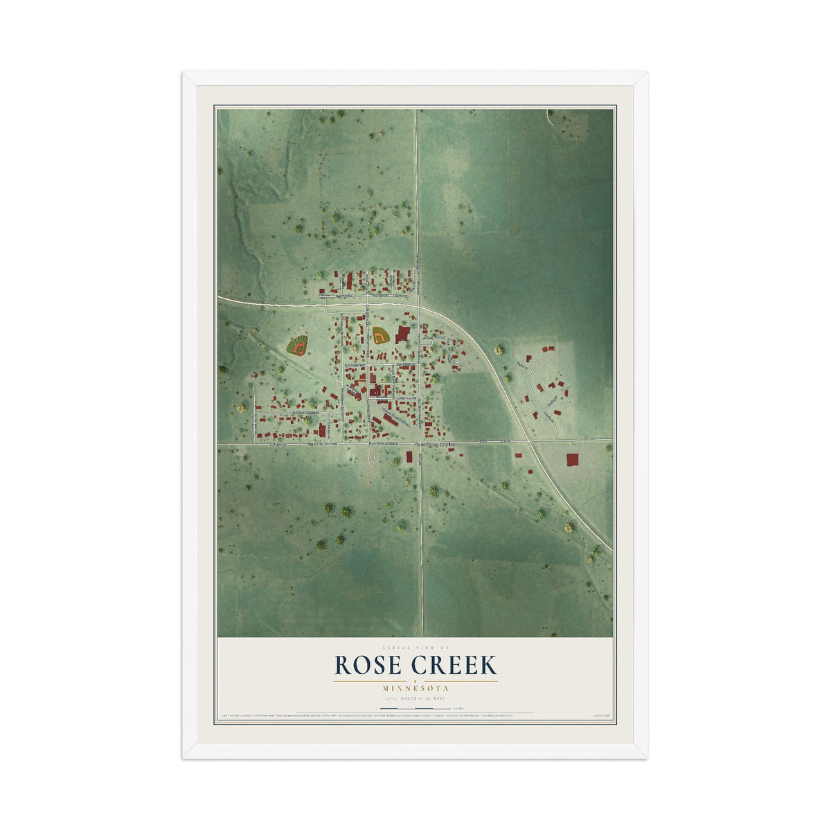 Map of Rose Creek, Minnesota, 12 x 18 inch print in a white wood frame